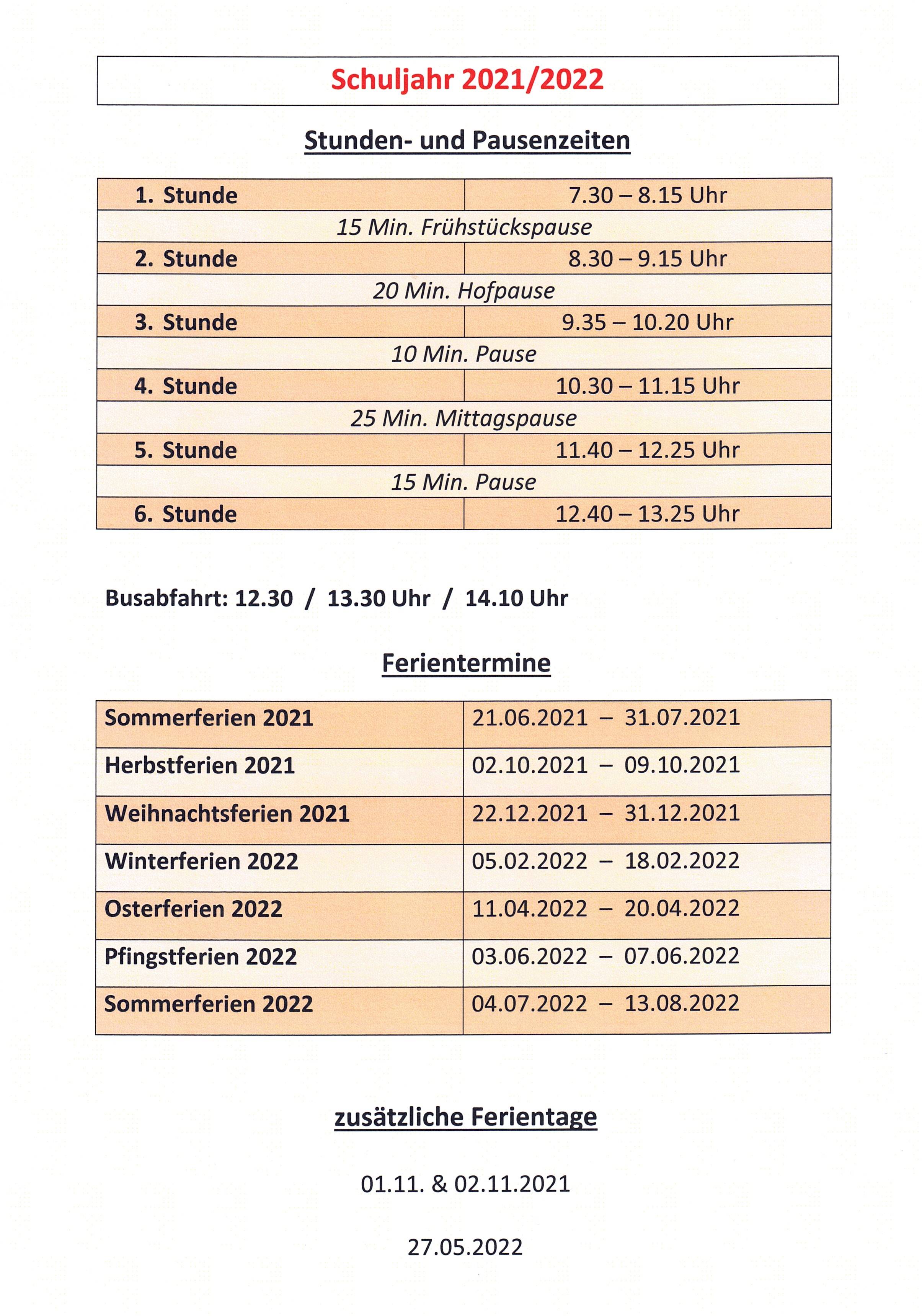 Stunden und Pausenzeiten 21-22