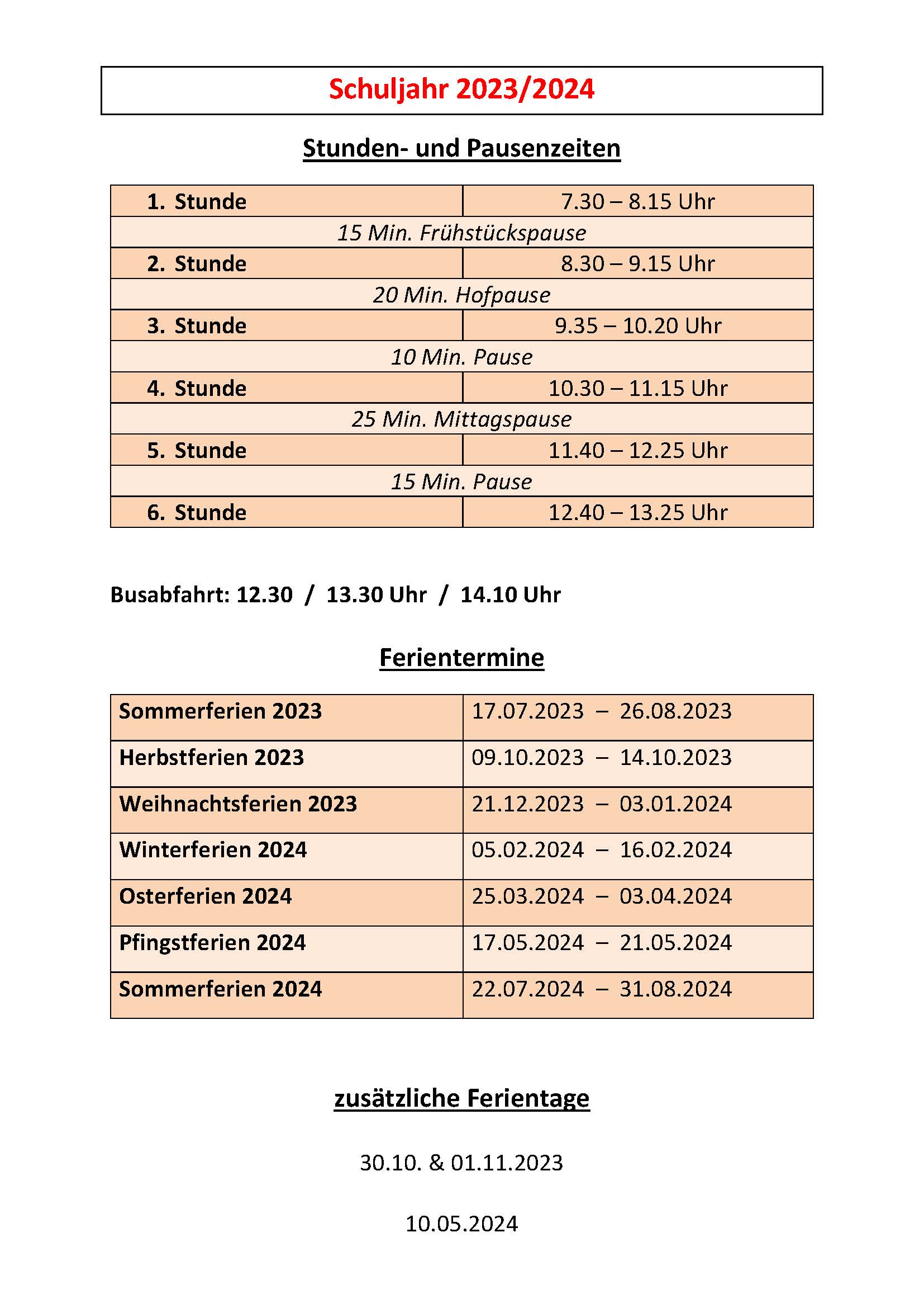 Stundenzeiten Ferientermine 23-24