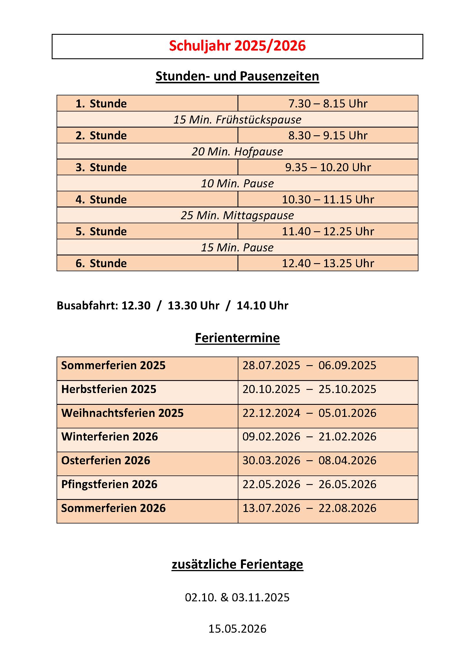 Stundenzeiten Ferientermine 25 26